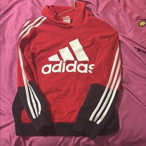 Adidas Red Hoodie with White Logo and Stripes